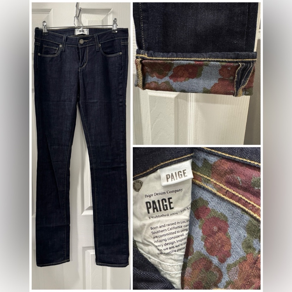 PAIGE Dark Blue Skyline Straight Denim Jeans with Rose Interior